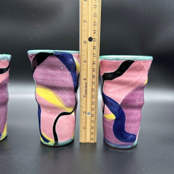 Art Pottery Tumblers Cups Redware Abstract Colorful Signed KE Handmade Painted - Picture 10 of 11